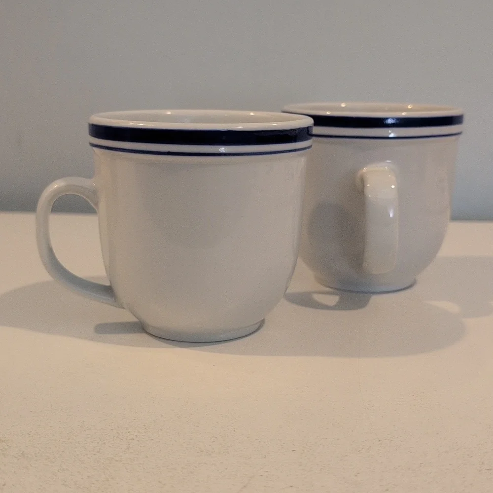 Pottery Barn Ceramic 12 Ounce Club Blue Coffee Mug Set.
